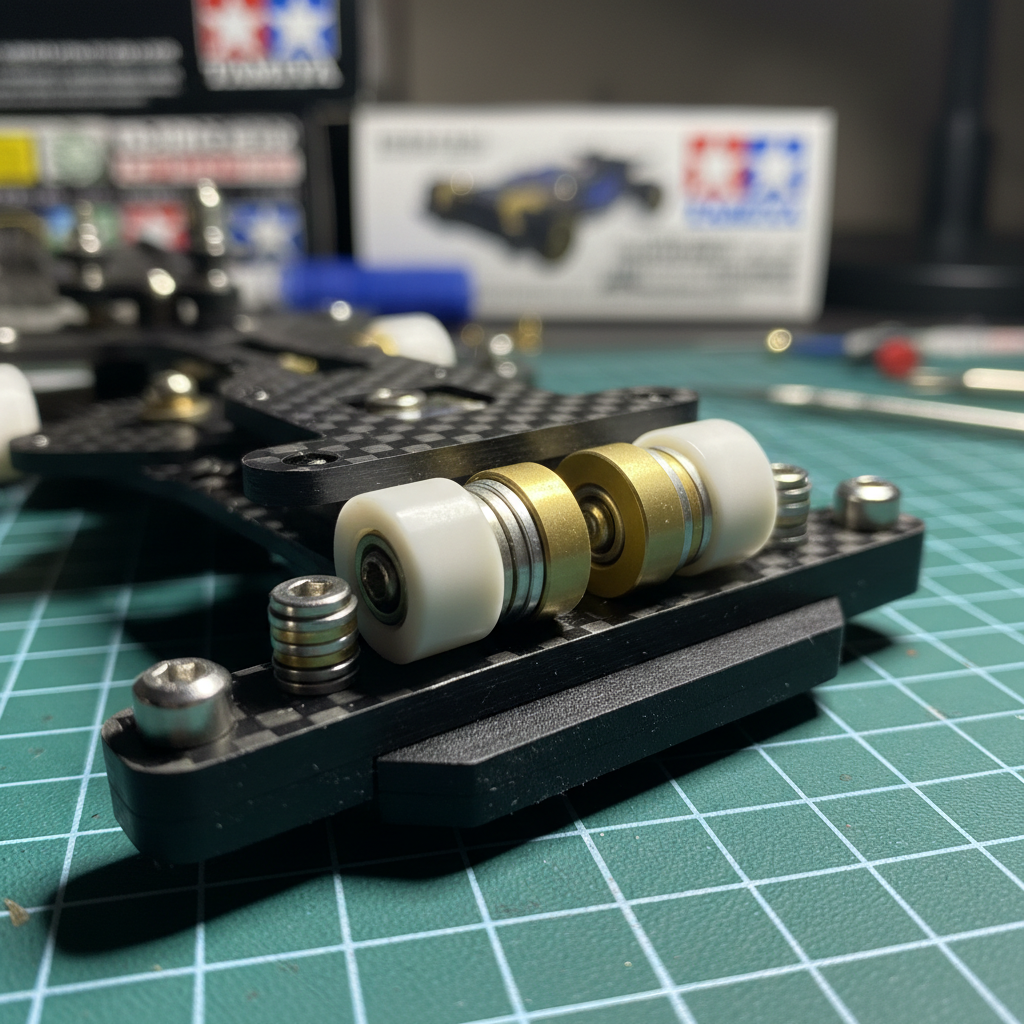 An intimate close-up of a Tamiya Mini 4WD front roller assembly, the polished plastic rollers in soft pearl white and muted gold mounted on a tuned bumper. Fine adjustment washers, tiny screws, and the textured edge of the chassis plate are rendered with hyper-real clarity. The car rests on a green cutting mat with faint measurement grids fading into blur. Gentle, directional desk lamp lighting from the upper right creates precise highlights on edges and soft shadows, revealing every contour. Shot with a macro lens and extremely shallow depth of field, the background dissolves into a creamy bokeh of indistinct tools and parts boxes. The atmosphere is quiet, analytical, and sophisticated, focusing on technical nuance and personal refinement of the build.