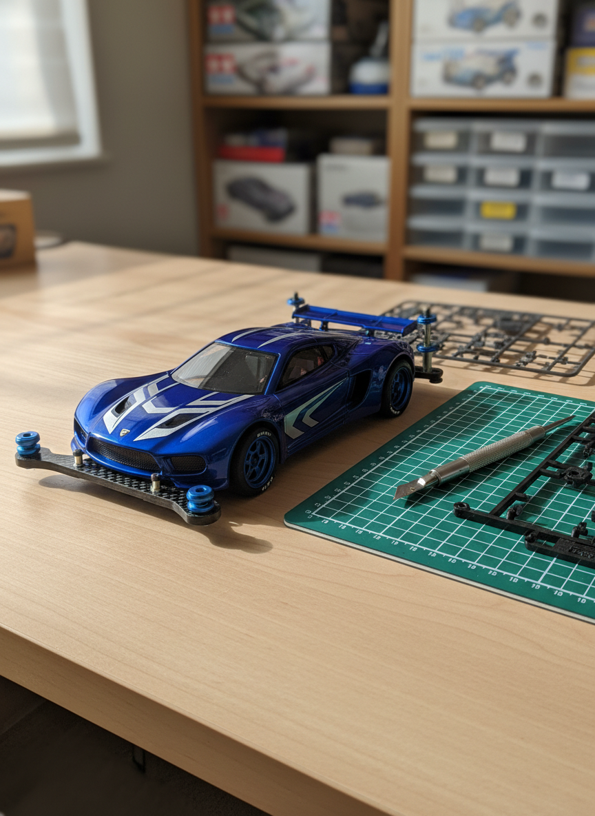 A beautifully assembled Tamiya Mini 4WD car in metallic deep blue and silver, its plastic body crisply detailed with subtle, non-branded geometric patterns instead of logos. The car rests on a clean wooden desk beside a neatly organized cutting mat, hobby knife, and sprues with a few parts still attached. Soft afternoon window light from the left creates gentle highlights along the body contours and faint shadows from the rollers and chassis. Shot at eye level with a slight three-quarter angle, the background falls into a soft bokeh of shelves lined with neatly stacked kit boxes and storage drawers. The photographic realism and calm, contemplative mood emphasize a personal, sophisticated workspace and the owner’s ongoing Mini 4WD journey.